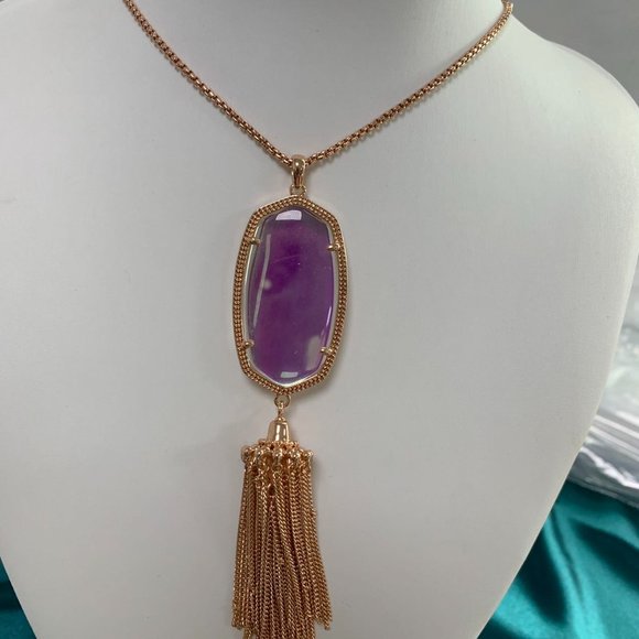 Kendra Scott Rayne Rose Gold Long Pendant Necklace Dichroic Glass - Picture 4 of 15